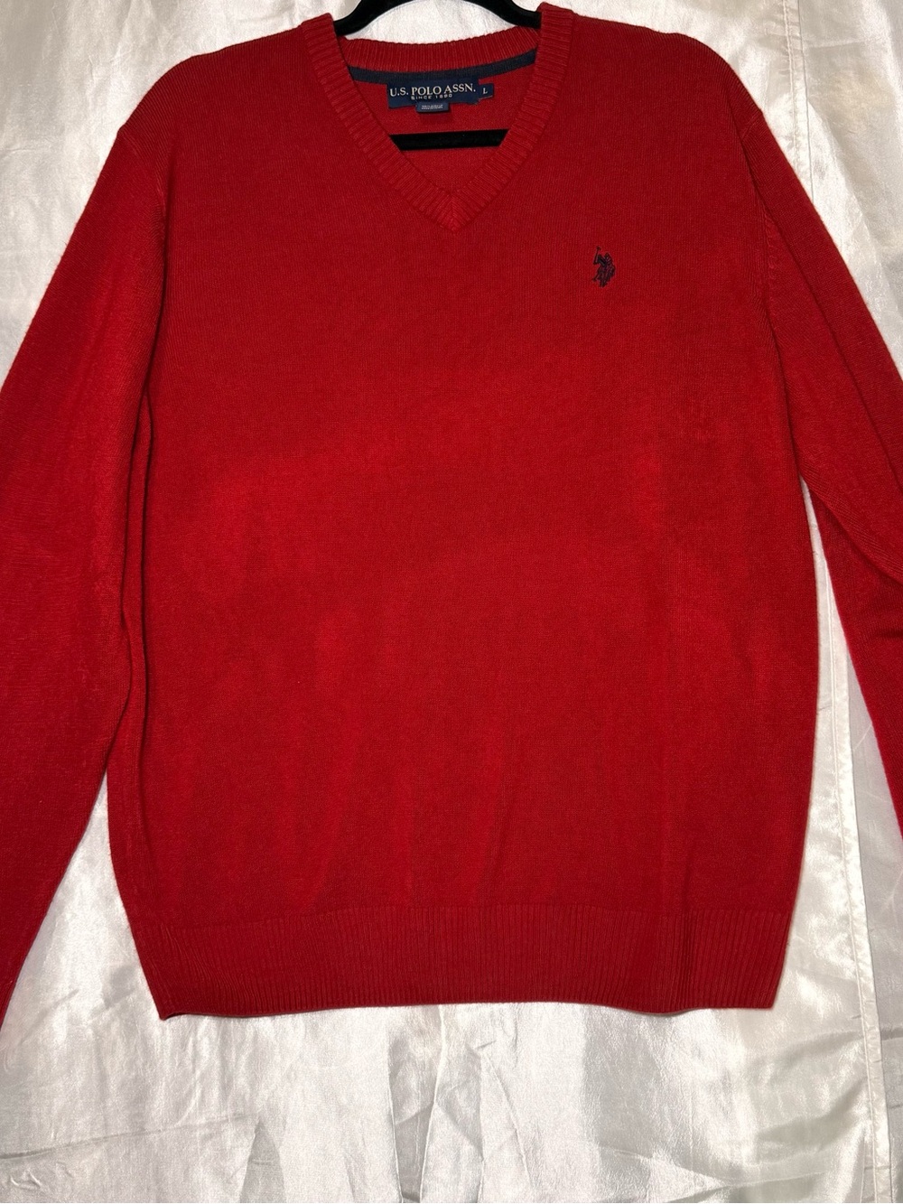 US POLO Assn Mens Red V- Neck Knit Sweater Size Large Long Sleeve Pullover